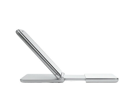 Sleek, silver, foldable device case with a small rectangular module