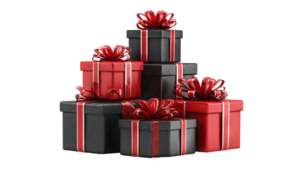 Stack of elegantly wrapped gifts in red and black boxes with satin ribbons isolated on white high resolution transparent png cutout festive present packaging mockup for holiday cards ecommerce