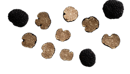 Several black and light brown truffle slices and whole truffles against a black background