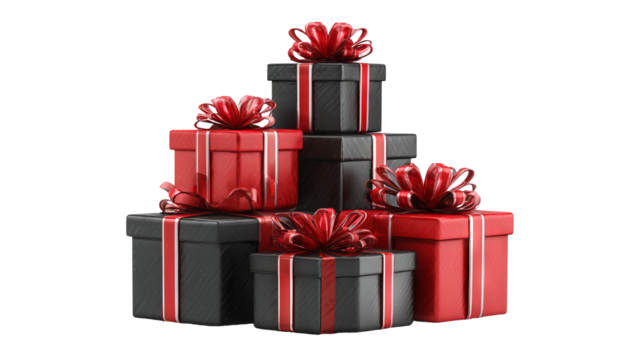 Stack of elegantly wrapped gifts in red and black boxes with satin ribbons isolated on white high resolution transparent png cutout festive present packaging mockup for holiday cards ecommerce