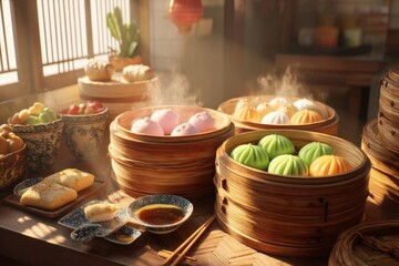 Fototapeta premium Vibrant assortment of colorful dumplings and steamed buns in bamboo steamers, showcasing Asian culinary tradition and culture