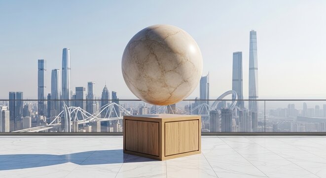 Floating Marble Sphere Above Wooden Crate Against City Skyline - Powered by Adobe