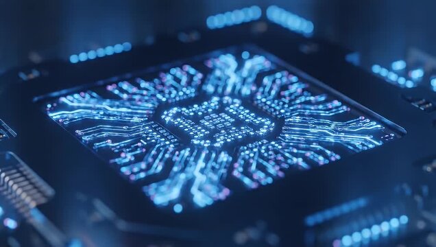 Closeup of Computer Processor with Circuitry in Dark Lighting for Technology and Innovation Visuals