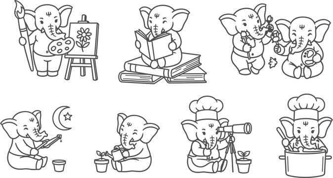 Cute Elephants with Various Hobbies Line Art Collection