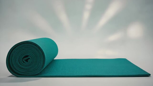 Teal yoga mat partially unrolled with light rays. Calm and clean copy space for text background for fitness, wellness or meditation themes