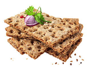 Stacked crispbread, topped with red onion and herbs