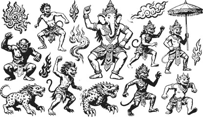 Traditional Asian Mythological Creatures and Figures Illustration Collection
