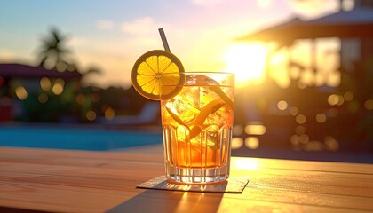 Bright Orange Cocktail with Lemon Garnish Against Sunset Sky