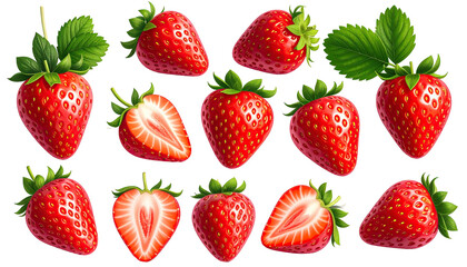 Close-up view of multiple whole and halved strawberries, vibrant red, with green leaves