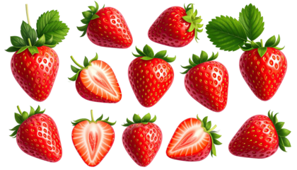 Close-up view of multiple whole and halved strawberries, vibrant red, with green leaves