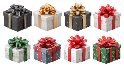 Fototapeta premium Collection of wrapped gift boxes with colorful ribbons and bows festive holiday presents isolated on transparent background png for product mockups greeting cards web banners and retail promotions 