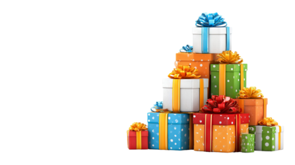 Colorful gift boxes stacked in a pyramid with ribbon bows high resolution isolated on clean background festive present tower for holiday gifting product mockups greeting cards web banners