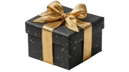 Black gift box with gold ribbon and bow isolated png on transparent background elegant present for product mockups packaging design ecommerce listings festive promotions and graphic design projects