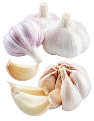 Close-up of whole and sliced garlic bulbs.  Three whole bulbs, purplish-pink and white, and several cloves are visible.  Natural light highlights the texture and color variations