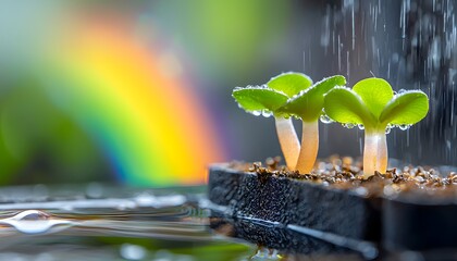 Fresh Sprouts Under Rain and Rainbow