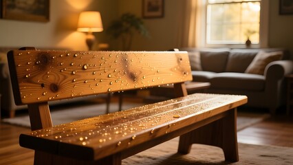 A wooden bench with raindrops in an indoor living room setting