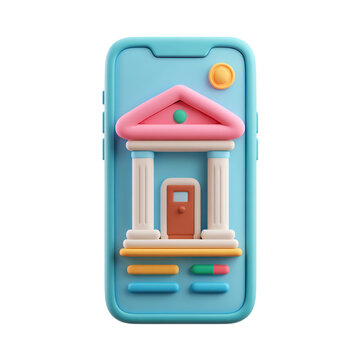 Mobile banking app icon with bank building on phone.