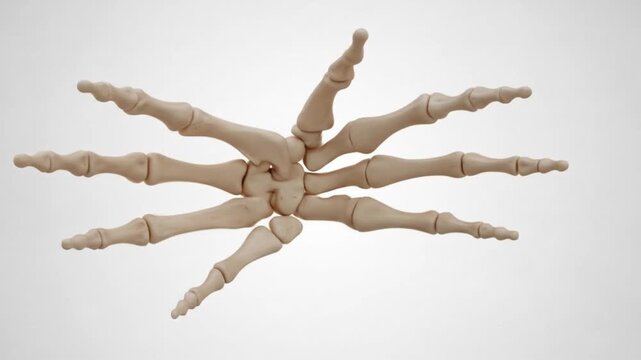 A starburst arrangement of human hand bones, showcasing the metacarpals and phalanges in a detailed anatomical study.