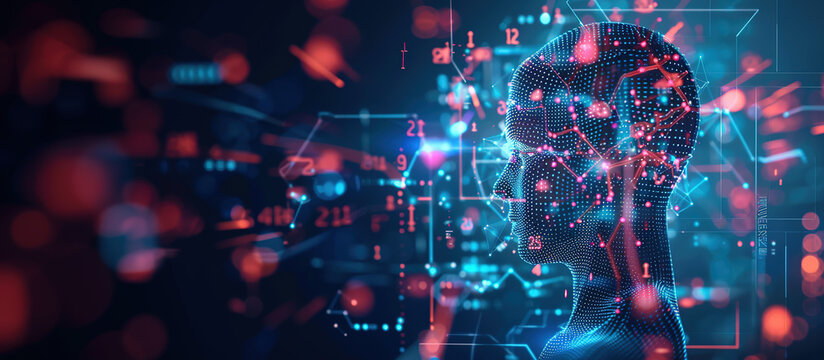 Digital Mind: A mesmerizing digital representation of the human mind and brain. Lines of code, intricate networks of data flow around the silhouette of a person. - Powered by Adobe