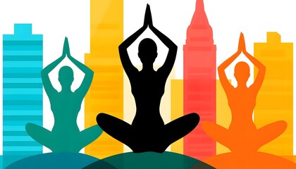 Colorful Yoga Meditation Silhouettes City