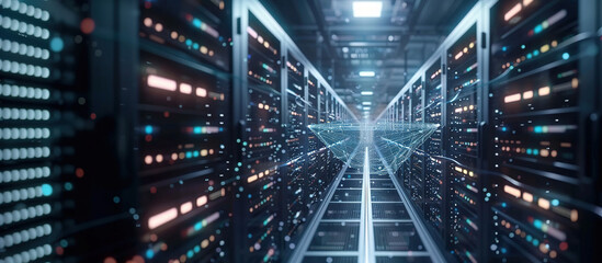 Cyber City: A futuristic view within a server room, showcasing rows of networked computers. A symbol of technological advancement, data storage, and digital communication. 