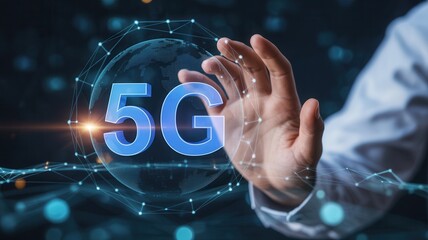 Futuristic hand interacting with a glowing 5G network globe, symbolizing global connectivity and digital transformation.