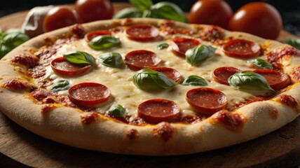 Delicious Pepperoni Pizza Topped with Fresh Basil Leaves and Ingredients on a Wooden Cutting Board