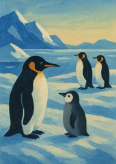 Fototapeta premium Penguins on icy landscape painting.