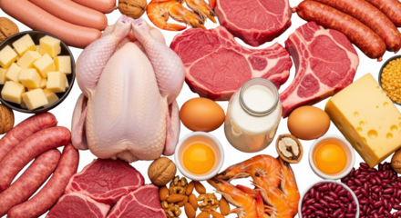 Abundant assortment of fresh protein sources chicken meats seafood and eggs feast