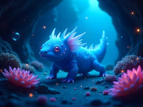 Fantasy illustration of a glowing blue axolotl in a mystical underwater cave. Ajolote