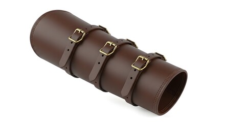 Dark Brown Leather Arm Guard with Brass Buckles Isolated on White for Historical and Fantasy Cosplay