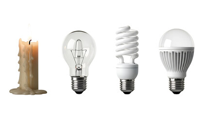 Evolution of lighting candle incandescent cfl led bulb technology energy efficiency bright illumination 100w on transparent background