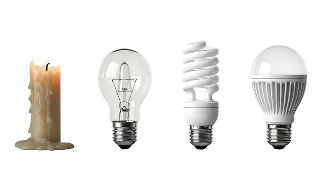Evolution of lighting candle incandescent cfl led bulb technology energy efficiency bright illumination 100w on transparent background