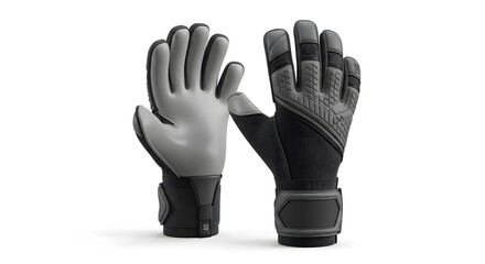 Obraz premium Professional Goalkeeper Gloves Pair in Black and Grey, Studio Shot on White Background for Sports Equipment and Protection
