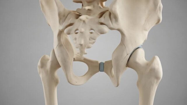 Anatomical illustration of the human pelvis and hip joints, showcasing bone structure and articulation.