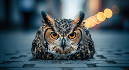 Close Up Of Great Horned Owl In Soft Bokeh Background