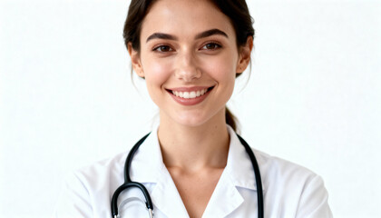 Happy female doctor with stethoscope on white background
