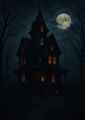 Fototapeta premium Eerie haunted house under moonlight.