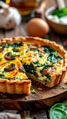 Delicious Spinach and Mushroom Quiche on Wooden Board.
