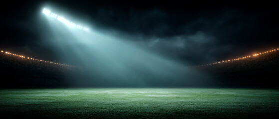 Naklejka premium Empty illuminated sports field with bright floodlights and dark cloudy sky, creating a dramatic and focused atmosphere for nighttime events
