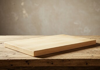 Empty wooden table with cutting board for product display.