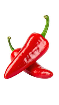 Two vibrant red chili peppers, slightly overlapping, against a pure black background.  Close-up view highlights the glossy, textured skins and green stems