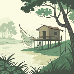 A serene stilt house with fishing net by a calm river surrounded by lush green foliage and trees under a hazy sky
