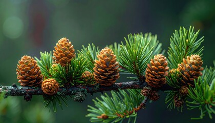 Fototapeta premium Close-up of a branch with green needles and small brown pine cones.