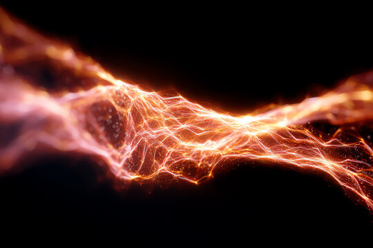 Glowing orange and pink light streams weave through a dark background, forming an intricate network of bright, dynamic lines and particles that evoke energy and digital connectivity