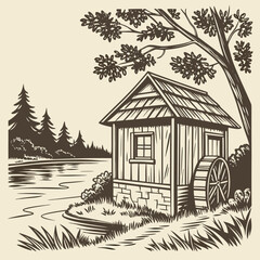 Rustic wooden water mill building with a large wheel situated beside a calm river and surrounded by trees and foliage in a vintage illustration style © Mamun