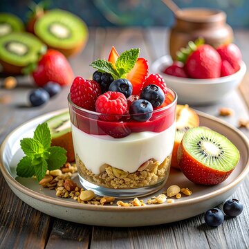 A layered parfait with fruit and granola on a plate