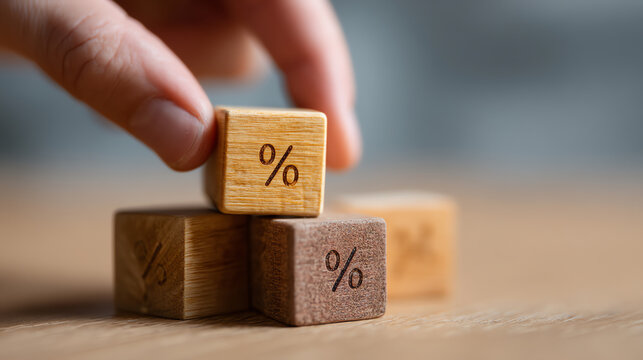 Hand holding wooden dice engraved with percentage symbols stacked on a wooden surface, symbolizing finance, interest rates, or statistics