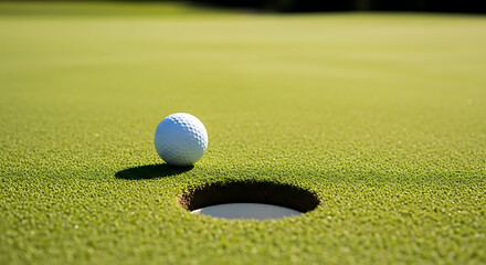 A pristine white golf ball positioned on the very edge of the cup, symbolizing the final putt for success and achieving a goal