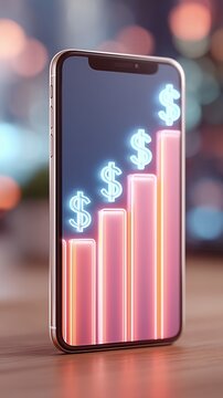 Mobile phone displaying a bar chart with rising dollar signs. Concept of financial growth, smart investment, digital banking, and online business success.